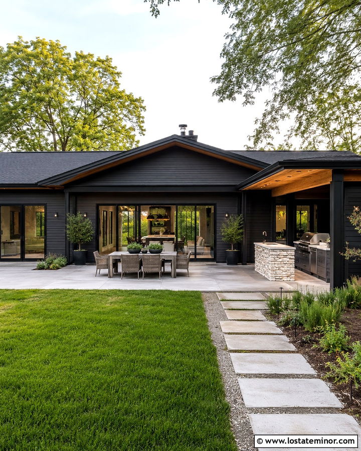 Soft Black House With Outdoor Kitchen - 30 Soft Black House Design With Backyard Ideas