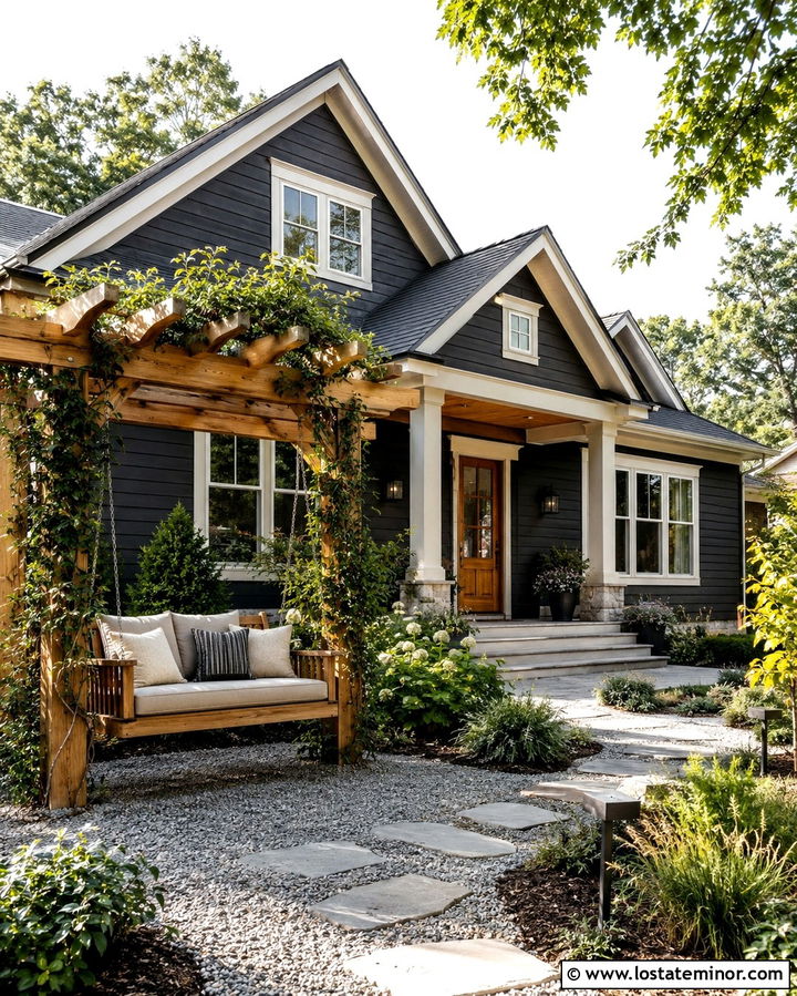 Soft Black House With Pergola Swing - 30 Soft Black House Design With Swing Ideas