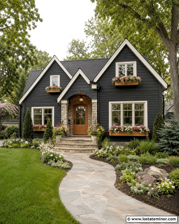 Soft Black House With Pink Flower Window Boxes - 30 Soft Black House Design With Window Boxes Ideas