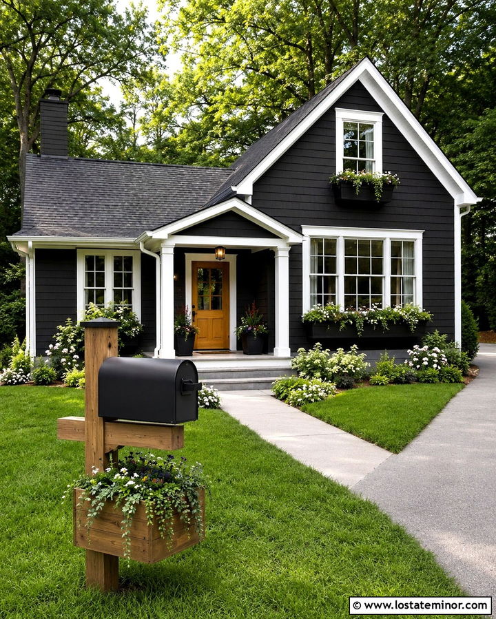 Soft Black House With Planter Mailbox - 30 Soft Black House Design With Mailbox Ideas