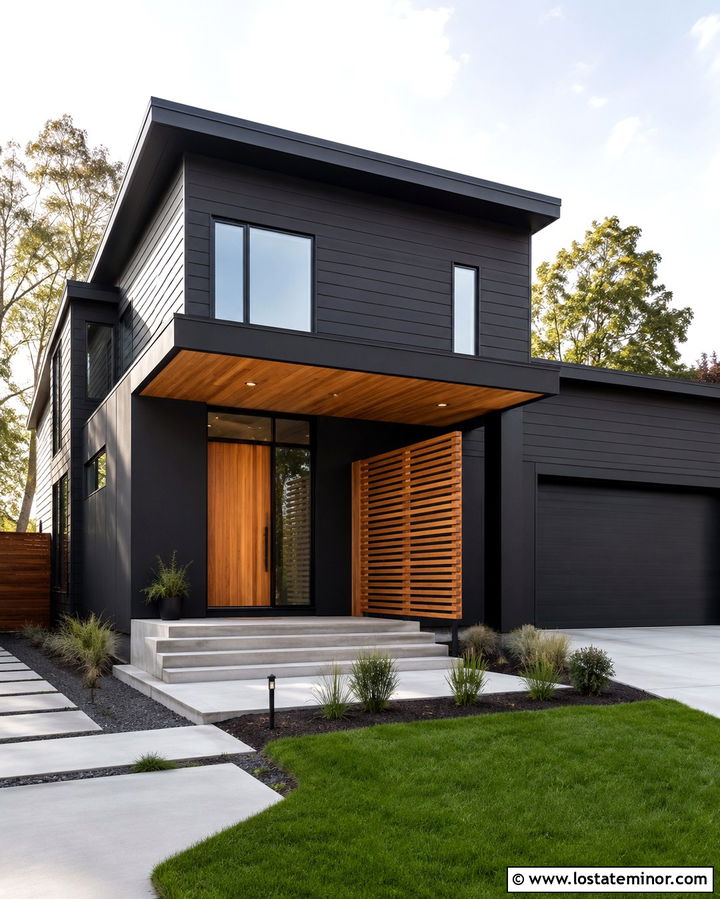 Soft Black House With Plywood Panel Porch Ceiling - 30 Soft Black House Design With Porch Ceiling Ideas