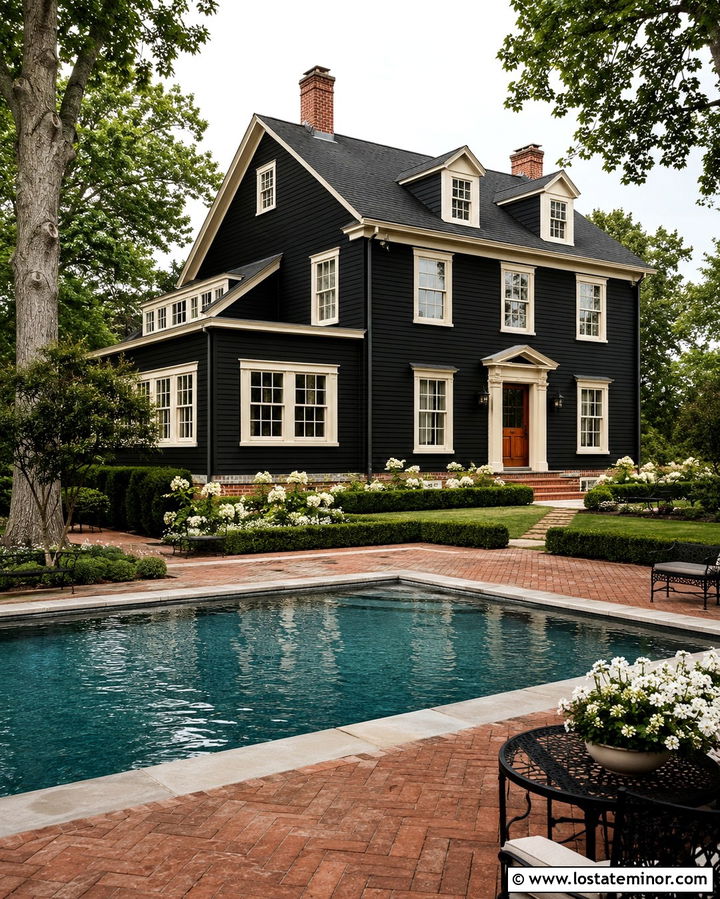 Soft Black House With Pool And Brick Patio - 30 Soft Black House Design With Swimming Pool Ideas