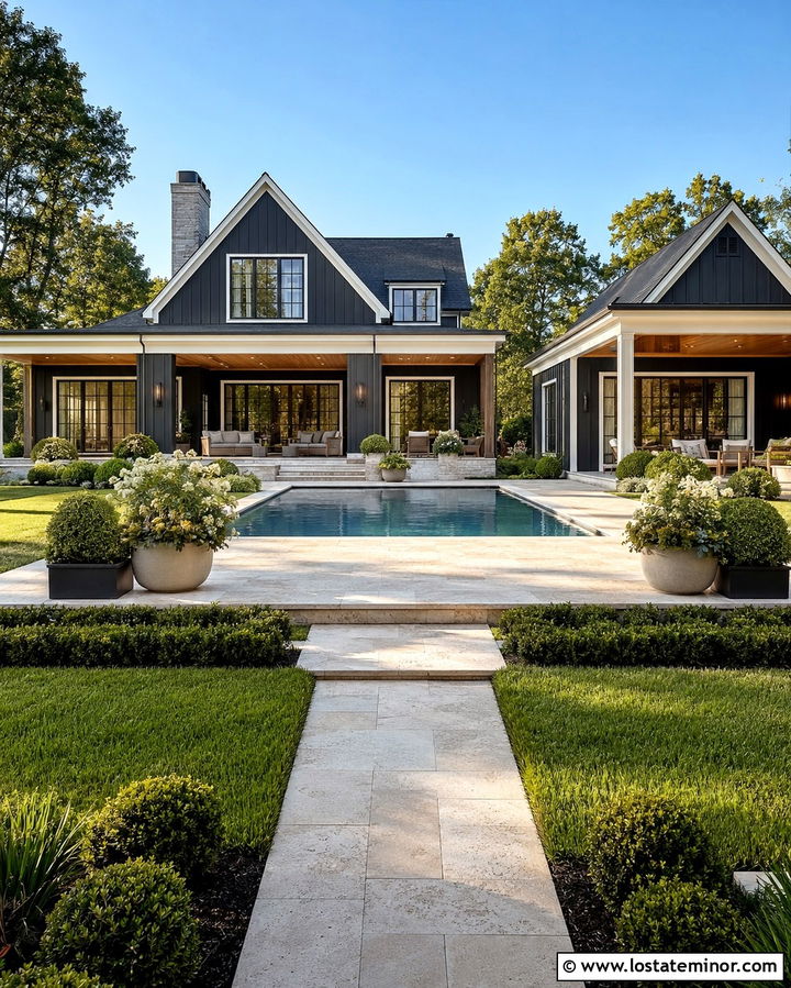 Soft Black House With Pool And Cabana - 30 Soft Black House Design With Swimming Pool Ideas