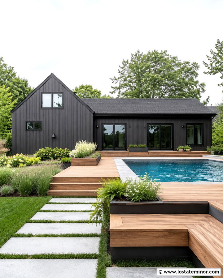 Soft Black House With Pool And Cedar Deck - 30 Soft Black House Design With Swimming Pool Ideas