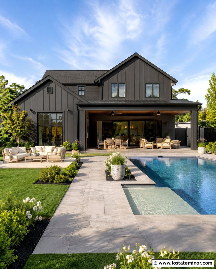 Soft Black House With Pool And Covered Patio - 30 Soft Black House Design With Swimming Pool Ideas