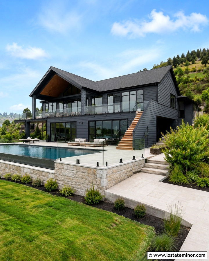 Soft Black House With Pool And Glass Railing - 30 Soft Black House Design With Swimming Pool Ideas