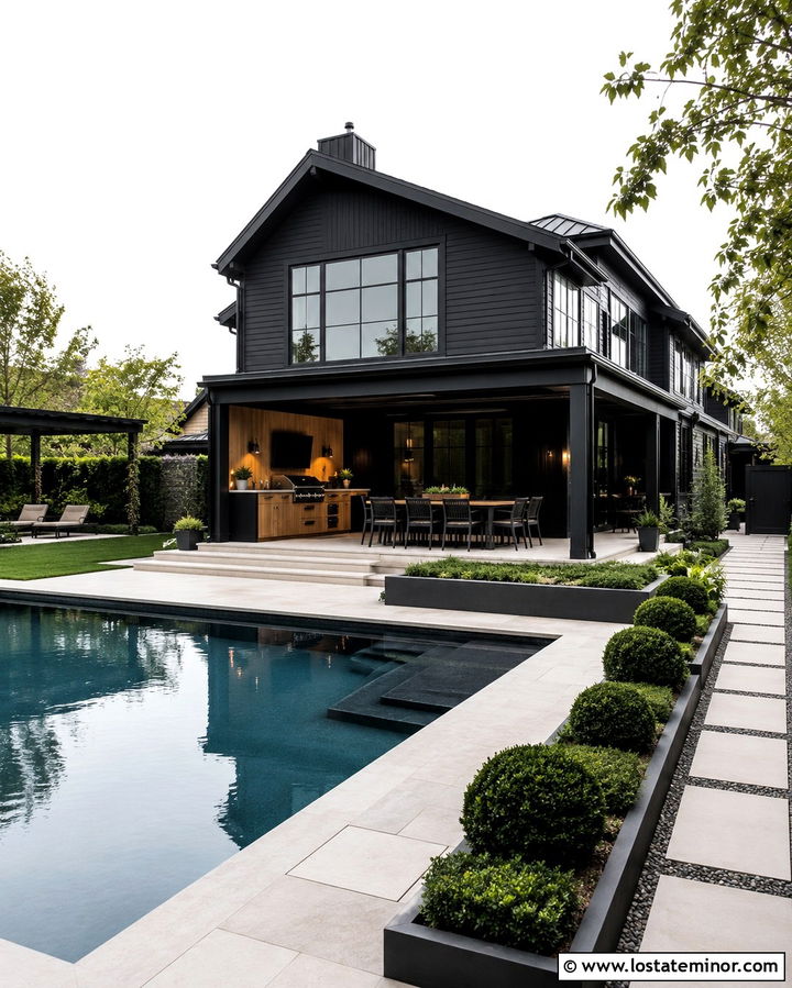 Soft Black House With Pool And Outdoor Kitchen - 30 Soft Black House Design With Swimming Pool Ideas