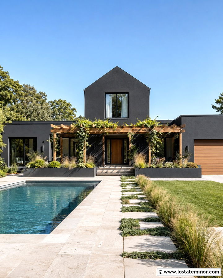 Soft Black House With Pool And Pergola - 30 Soft Black House Design With Swimming Pool Ideas