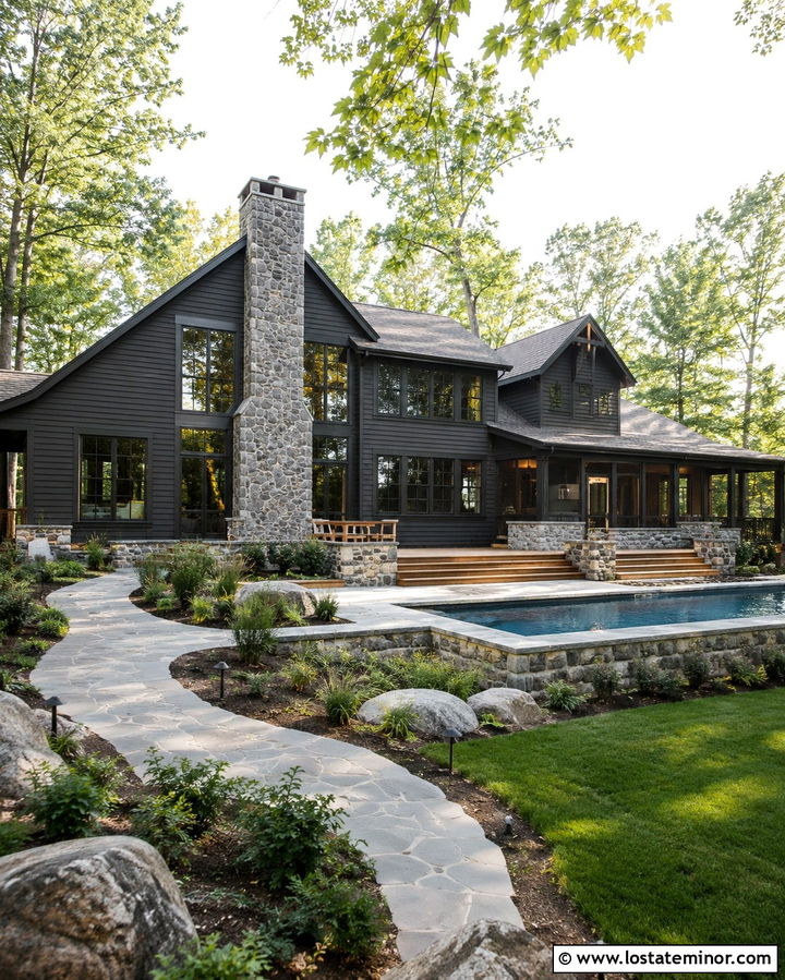 Soft Black House With Pool And Stone Chimney - 30 Soft Black House Design With Swimming Pool Ideas