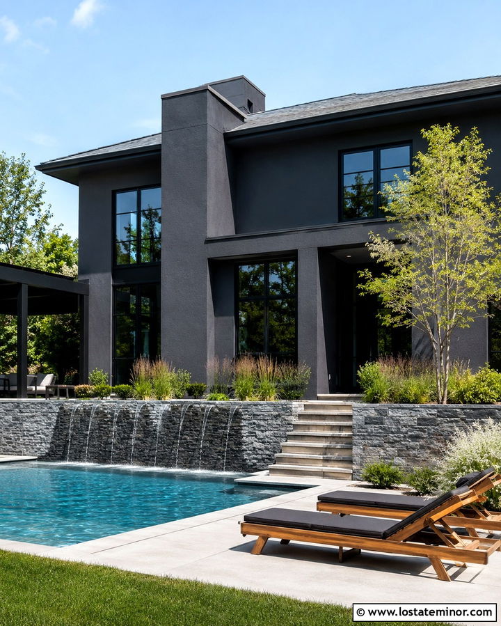 Soft Black House With Pool And Waterfall Wall - 30 Soft Black House Design With Swimming Pool Ideas