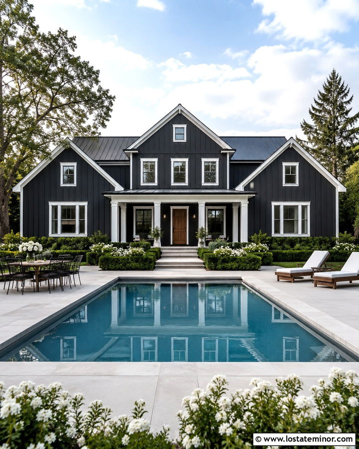 Soft Black House With Pool And White Trim - 30 Soft Black House Design With Swimming Pool Ideas