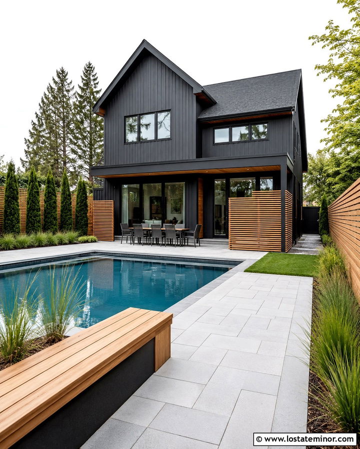 Soft Black House With Pool And Wood Privacy Screen - 30 Soft Black House Design With Swimming Pool Ideas