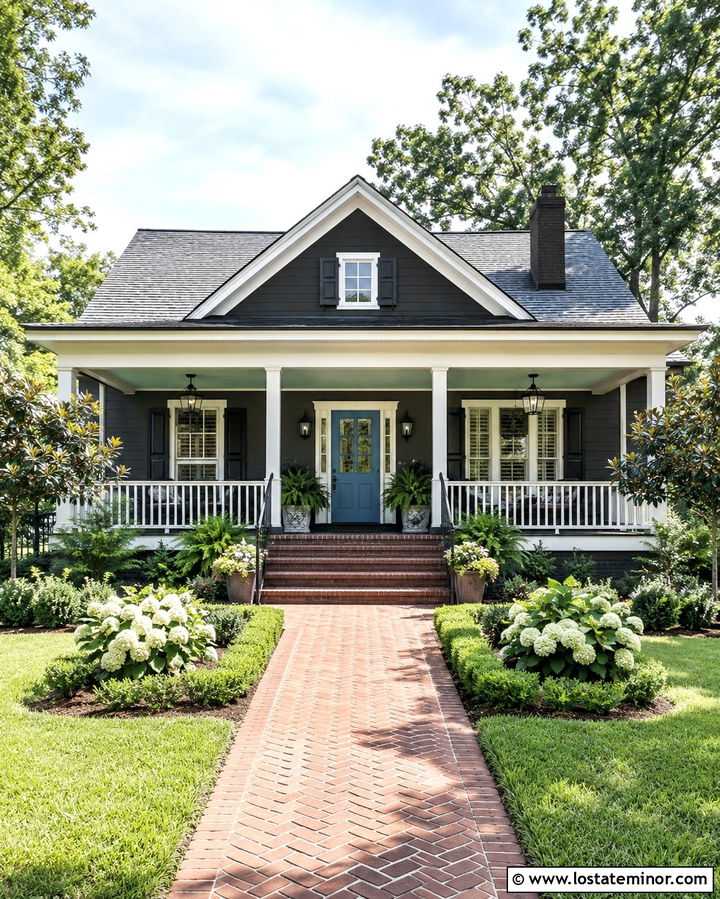 Soft Black House With Porch Step Walkway - 30 Soft Black House Design With Walkway Ideas