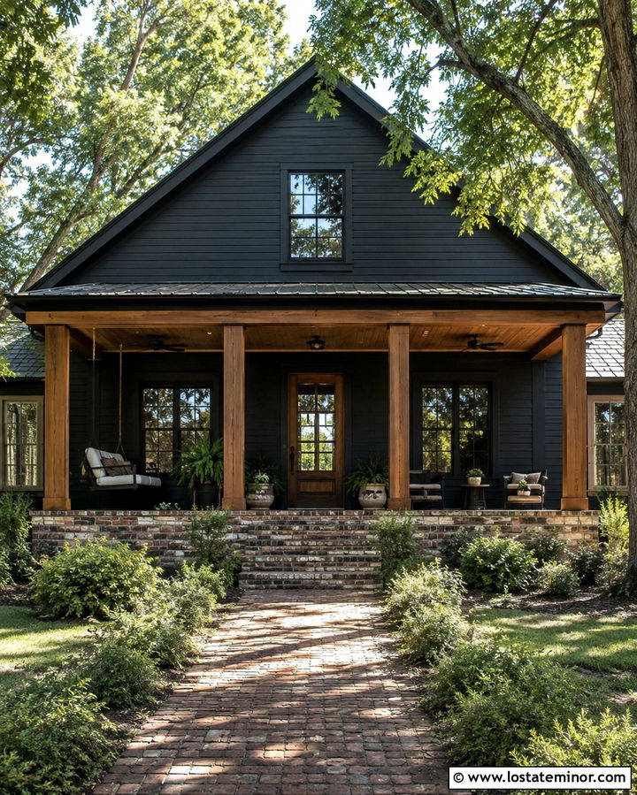 Soft Black House With Reclaimed Brick Porch - 30 Soft Black House Design With Brick Accents Ideas