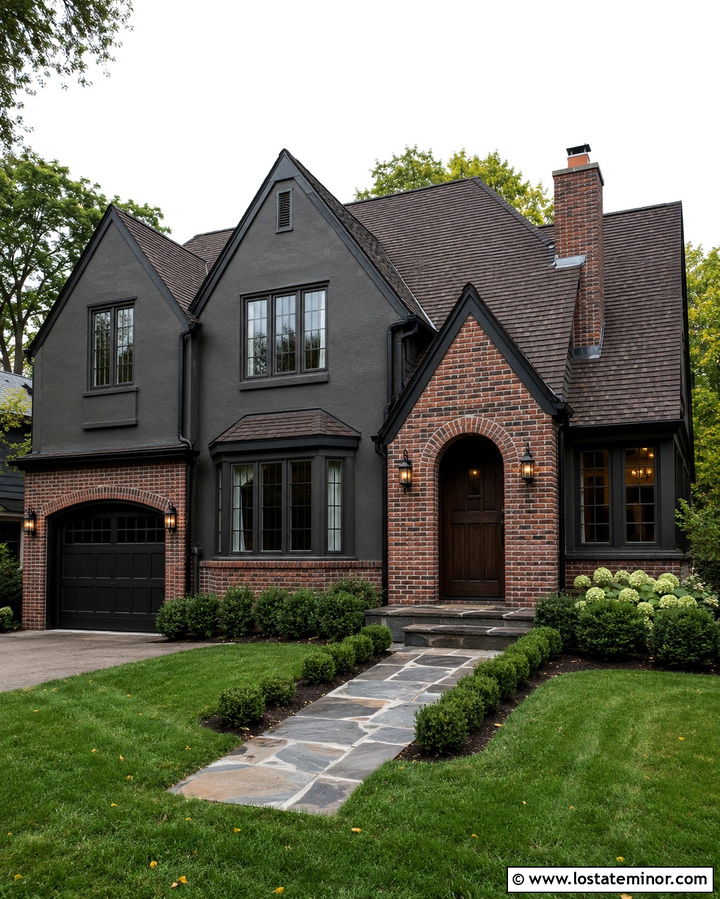 Soft Black House With Red Brick Accents - 30 Soft Black House Design With Accents Ideas