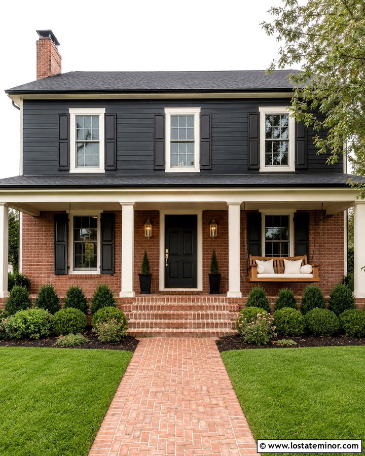 Soft Black House With Red Brick And Porch Swing - 30 Soft Black House Design With Swing Ideas