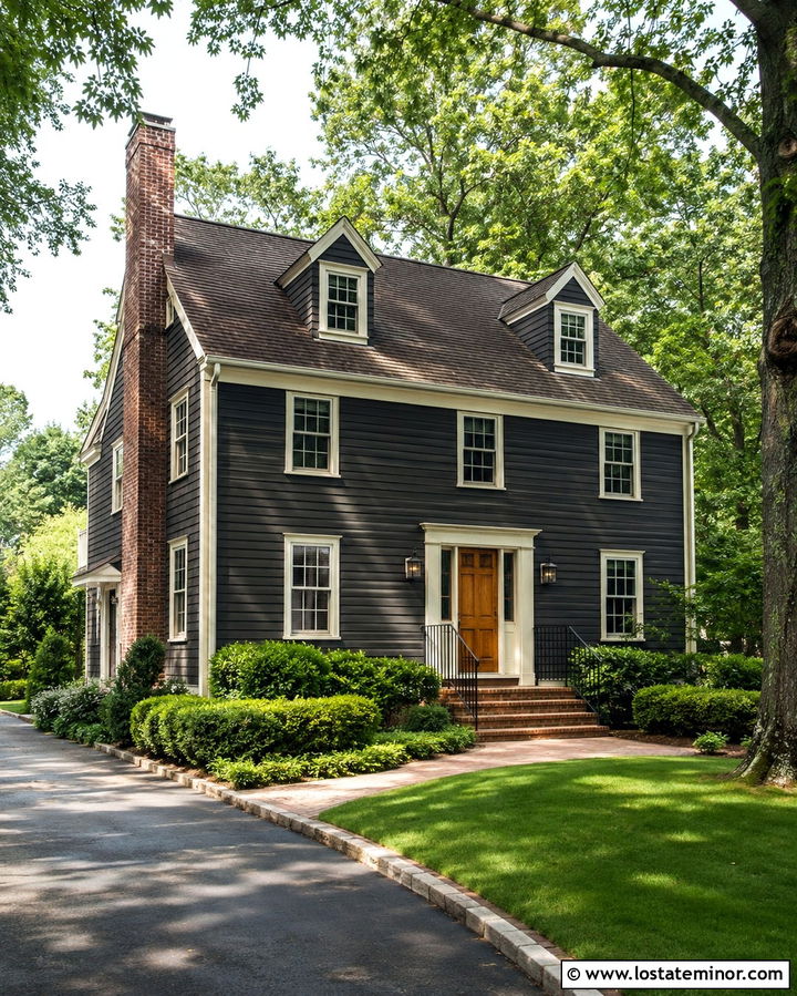 Soft Black House With Red Brick Chimney - 30 Soft Black House Design With Dormers Ideas