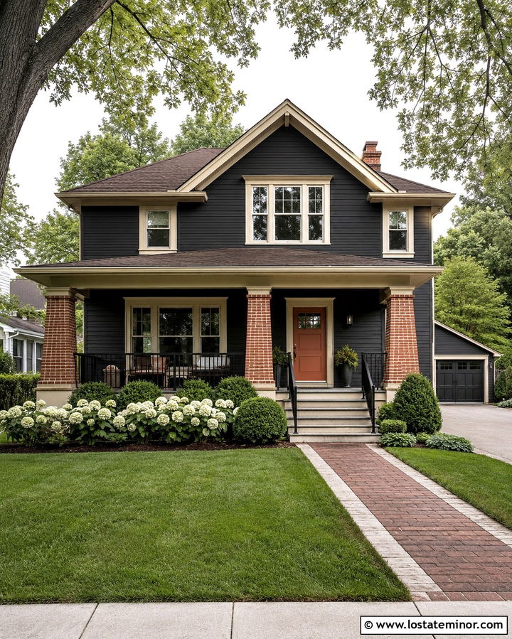 Soft Black House With Red Brick Columns - 30 Soft Black House Design With Porch Columns Ideas