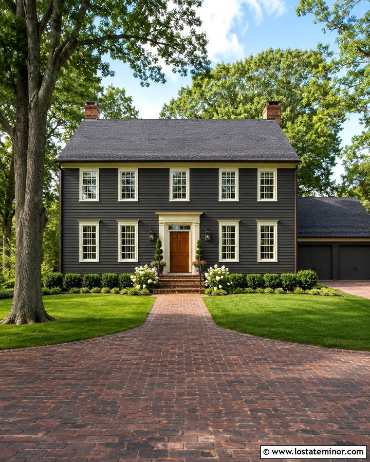 Soft Black House With Red Brick Driveway - 30 Soft Black House Design With Driveway Ideas