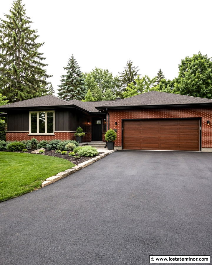 Soft Black House With Red Brick Garage - 30 Soft Black House Design With Garage Door Ideas