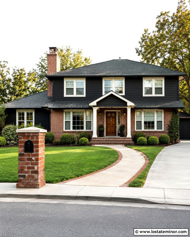 Soft Black House With Red Brick Mailbox - 30 Soft Black House Design With Mailbox Ideas