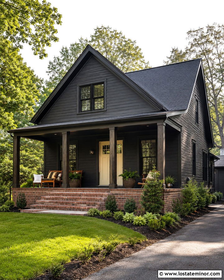 Soft Black House With Red Brick Porch - 30 Soft Black House Design With Front Porch Ideas