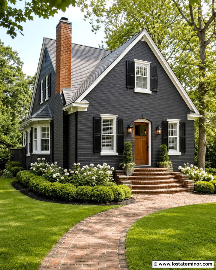 Soft Black House With Red Brick Steps - 30 Soft Black House Design With Steps Ideas