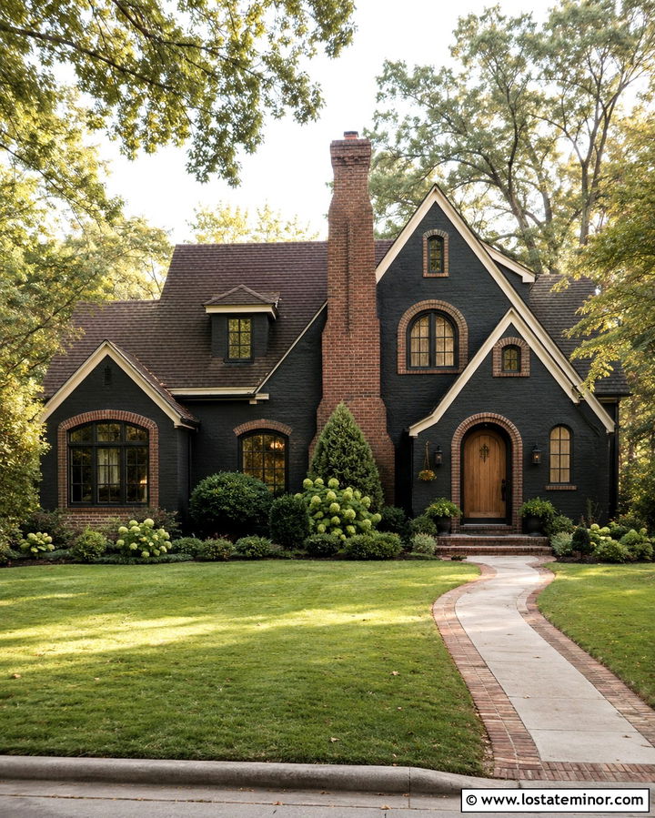 Soft Black House With Red Brick Trim - 30 Soft Black House Design With Trim Ideas