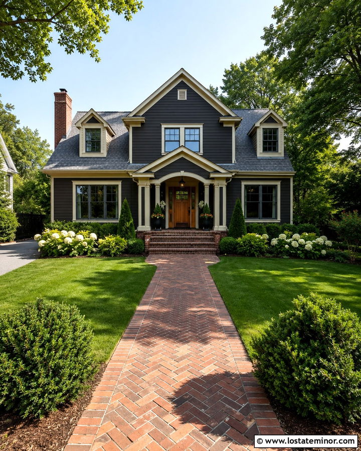 Soft Black House With Red Brick Walkway - 30 Soft Black House Design With Walkway Ideas