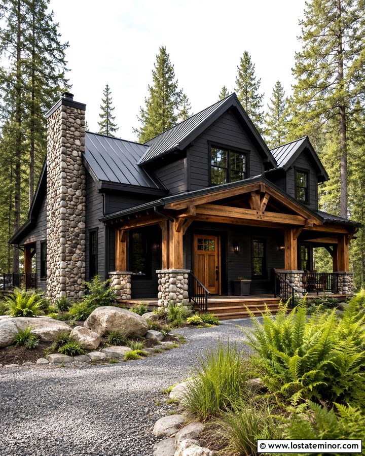 Soft Black House With River Rock - 30 Soft Black House Design With Accents Ideas