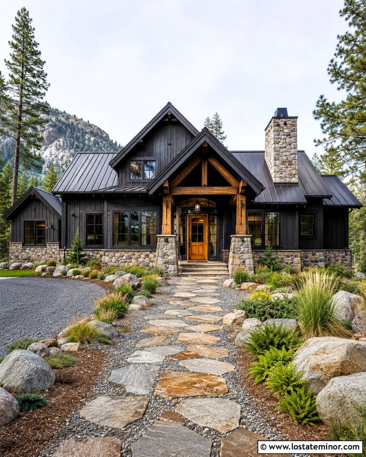 Soft Black House With Rustic Fieldstone Walkway - 30 Soft Black House Design With Walkway Ideas