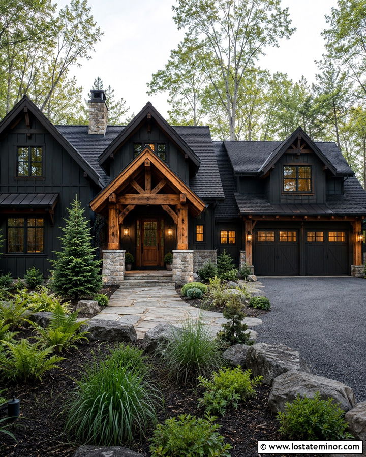 Soft Black House With Rustic Timber Portico - 30 Soft Black House Design With Portico Ideas