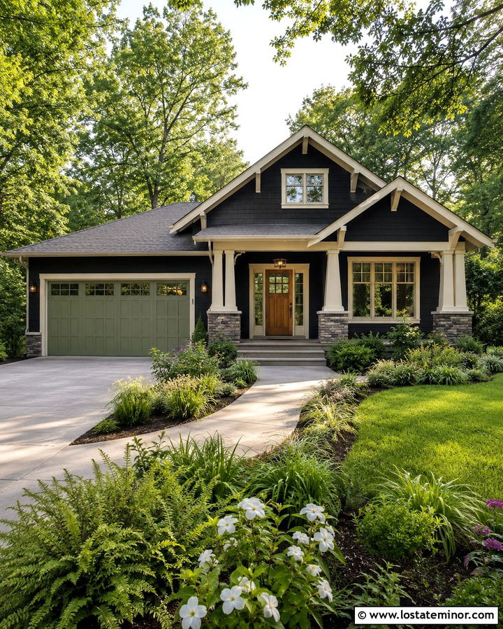 Soft Black House With Sage Green Garage Door - 30 Soft Black House Design With Garage Door Ideas