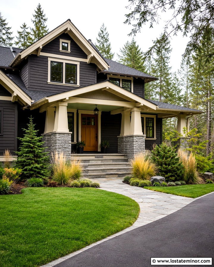 Soft Black House With Sage Green Porch Ceiling - 30 Soft Black House Design With Porch Ceiling Ideas