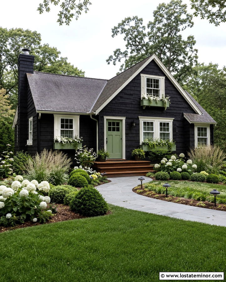 Soft Black House With Sage Green Window Boxes - 30 Soft Black House Design With Window Boxes Ideas