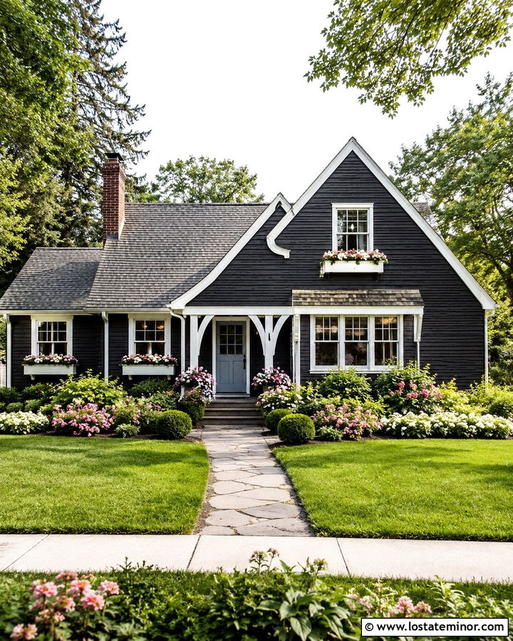 Soft Black House With Scalloped Window Boxes - 30 Soft Black House Design With Window Boxes Ideas