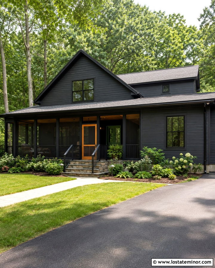 Soft Black House With Screened Porch Door - 30 Soft Black House Design With Screen Door Ideas