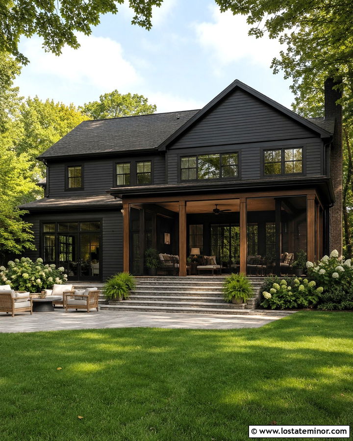 Soft Black House With Screened Porch - 30 Soft Black House Design With Backyard Ideas