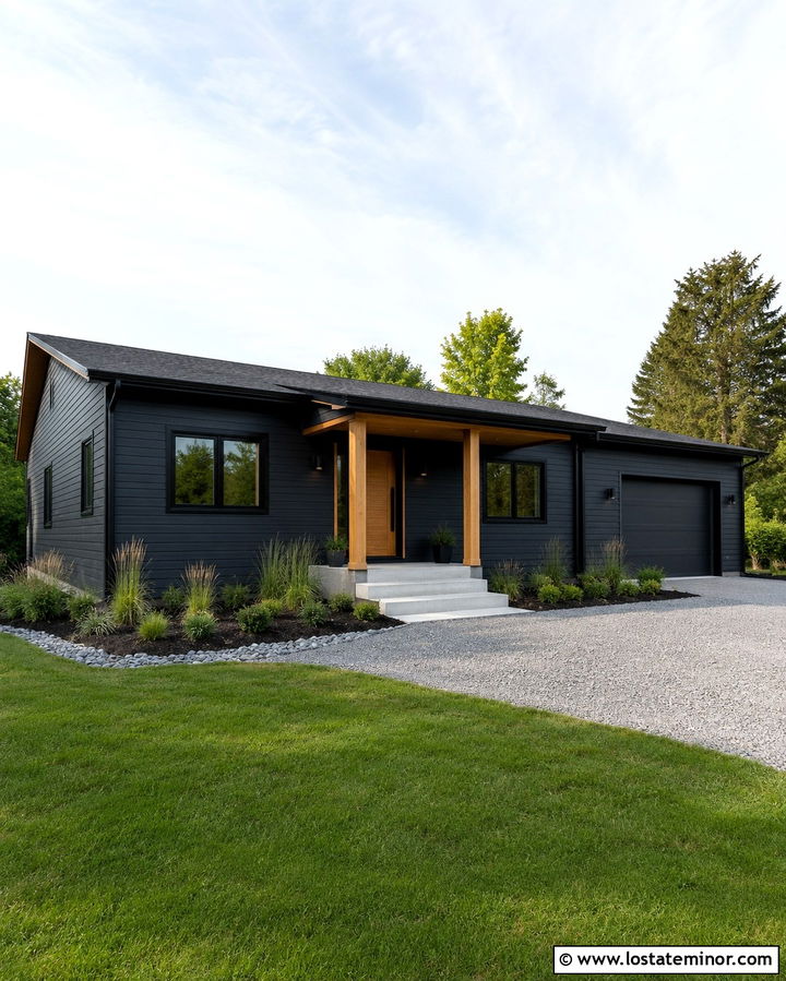 Soft Black House With Shed Roof Portico - 30 Soft Black House Design With Portico Ideas