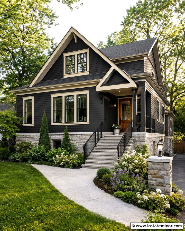 Soft Black House With Side Entry Steps - 30 Soft Black House Design With Steps Ideas