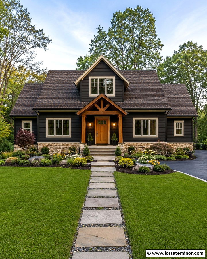 Soft Black House With Single Center Dormer - 30 Soft Black House Design With Dormers Ideas