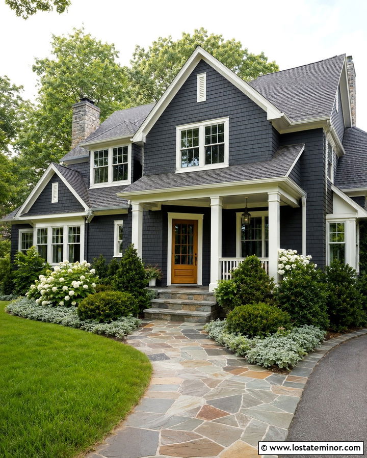 Soft Black House With Slate Walkway - 30 Soft Black House Design With Walkway Ideas