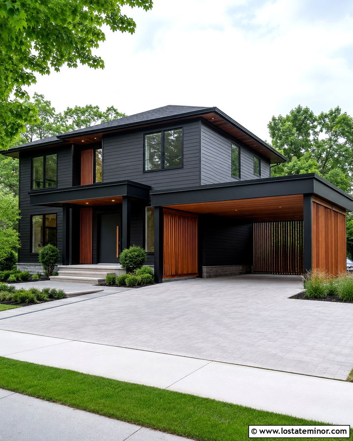Soft Black House With Slatted Carport Screen - 30 Soft Black House Design With Carport Ideas