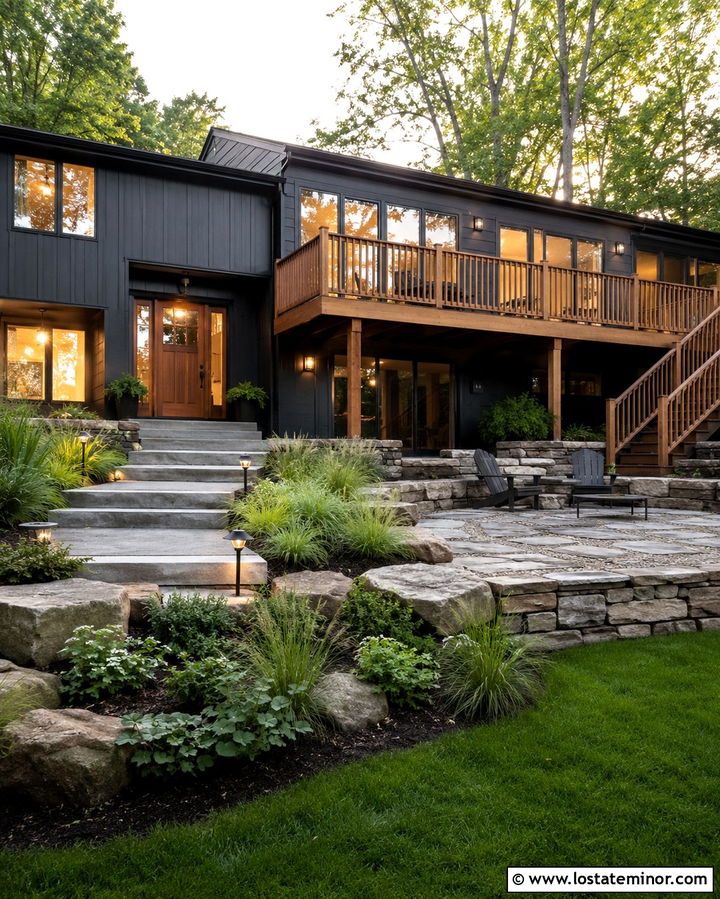Soft Black House With Sloped Backyard - 30 Soft Black House Design With Backyard Ideas