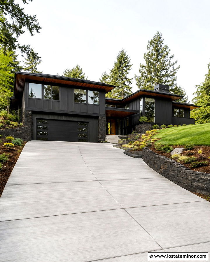 Soft Black House With Sloped Concrete Driveway - 30 Soft Black House Design With Driveway Ideas