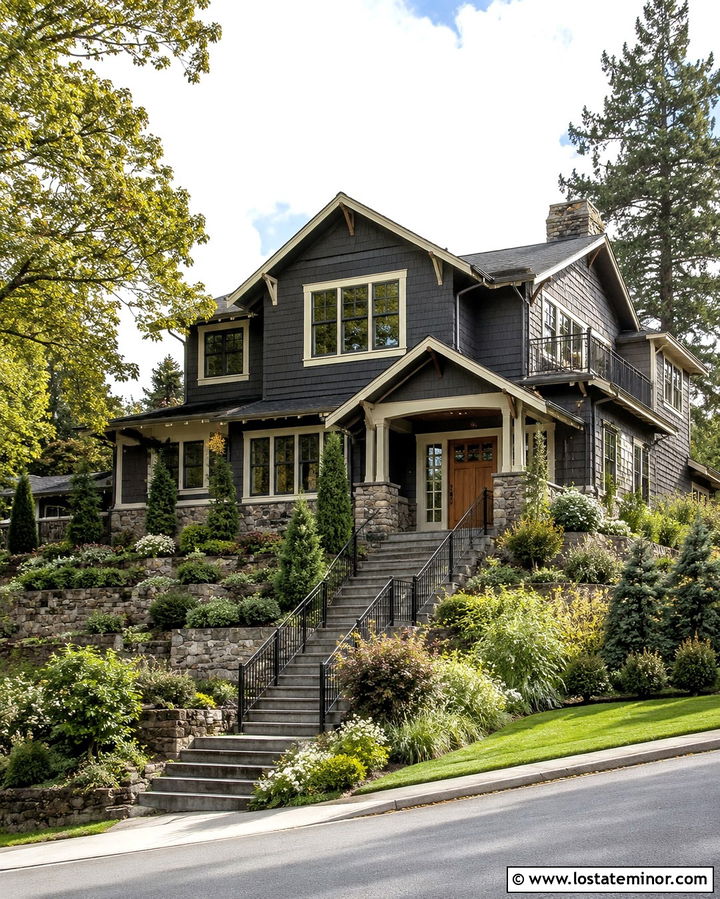 Soft Black House With Sloped Yard Landscaping - 30 Soft Black House Design With Landscaping Ideas