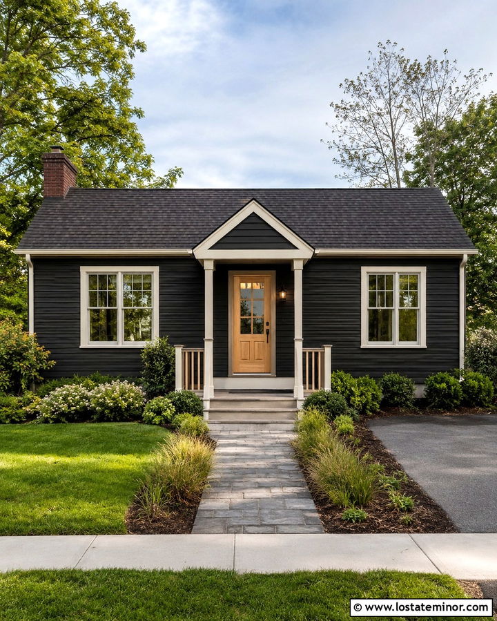 Soft Black House With Small Entry Portico - 30 Soft Black House Design With Portico Ideas
