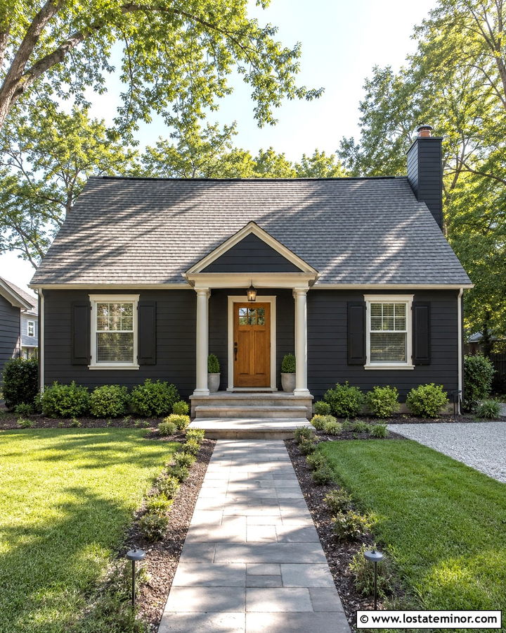 Soft Black House With Small Porch Columns - 30 Soft Black House Design With Porch Columns Ideas