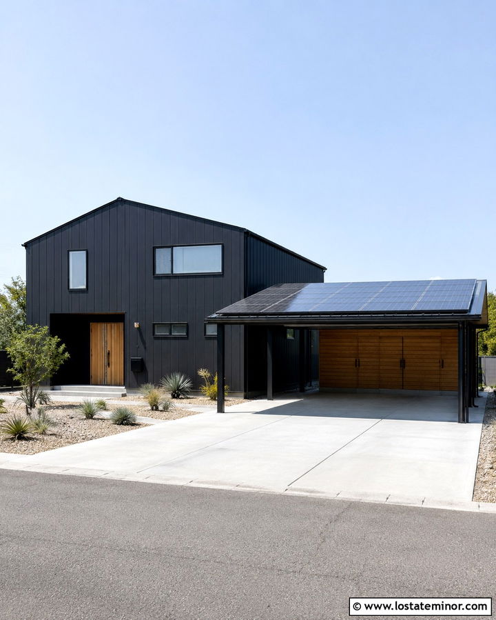 Soft Black House With Solar Panel Carport - 30 Soft Black House Design With Carport Ideas