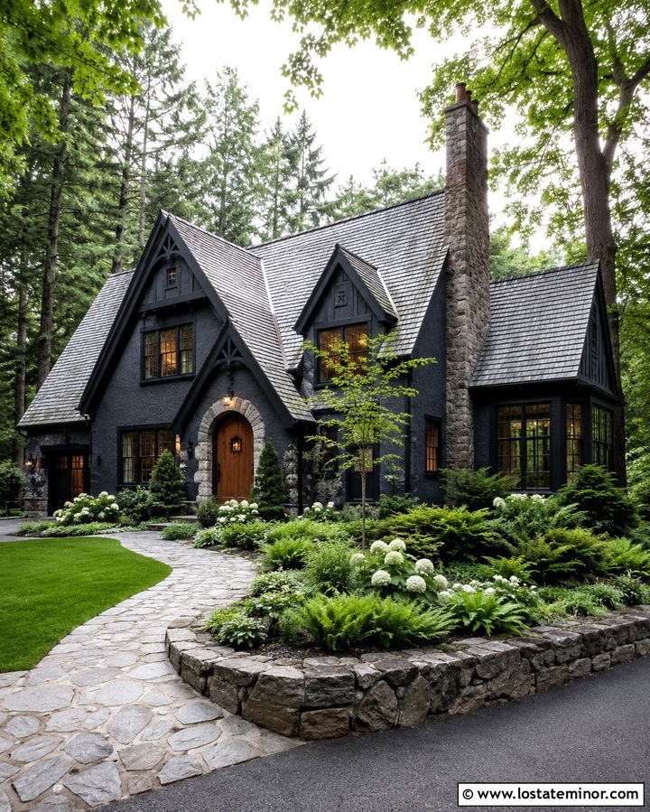 Soft Black House With Steep Front Gables - 30 Soft Black House Design With Gables Ideas